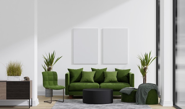 Canvasmodel in witte schone woonkamer met groene bank en houten vloer. 3D-rendering