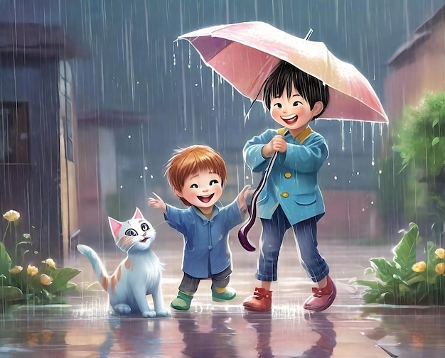 Фото Иллюстрация мальчика и котенка, наслаждающихся природой дождя с выражением