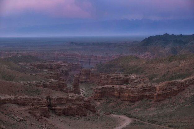 Foto il canyon del fiume charyn in kazakistan una bella vista delle rocce argillose e la strada per la gola al tramonto valle dei castelli
