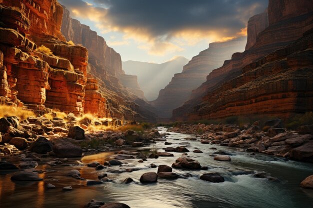 Canyon at dawn golden light on the walls generative IA