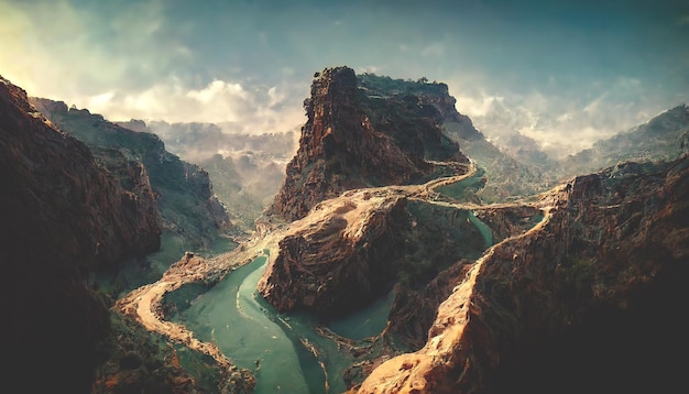 Canyon a deep river valley with very steep often sheer slopes and a narrow bottom Fantasy mountain landscape mountain river fog top view 3D illustration