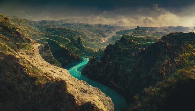 キャニオン深い川の谷、非常に急な、しばしば切り立った斜面と狭い底ファンタジー山の風景山川の霧上面図3Dイラスト