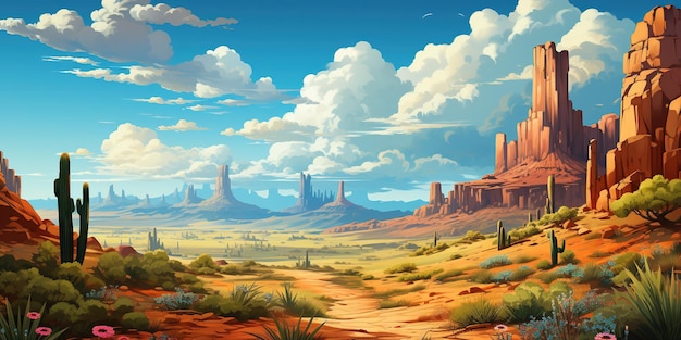 Canyon desert landscape with road perspective illustration of sandy valley with cacti and rocky stones walls under blue sky with clouds sun flares summer travel to western