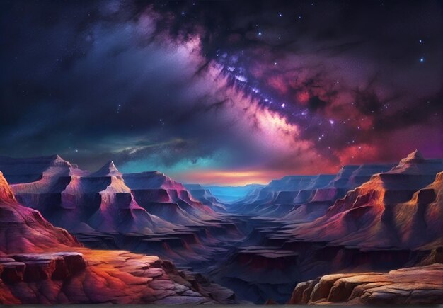 Photo a canyon a dried up river bed with very steep slopes with an unusually beautiful night sky