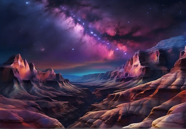 Photo a canyon a dried up river bed with very steep slopes with an unusually beautiful night sky