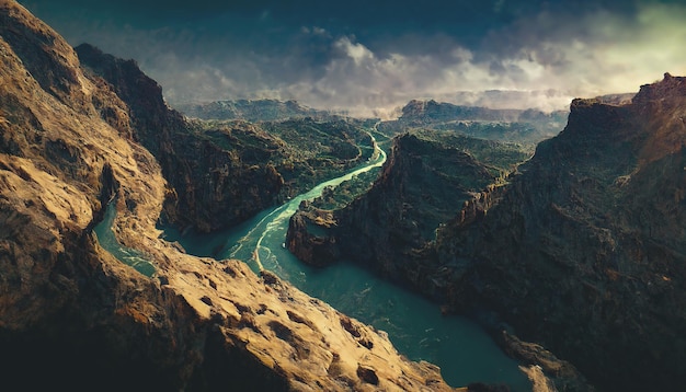 Canyon een diepe riviervallei met zeer steile vaak steile hellingen en een smalle bodem Fantasie berglandschap berg rivier mist bovenaanzicht 3D illustratie