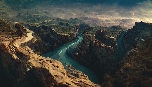 Canyon een diepe riviervallei met zeer steile vaak steile hellingen en een smalle bodem Fantasie berglandschap berg rivier mist bovenaanzicht 3D illustratie