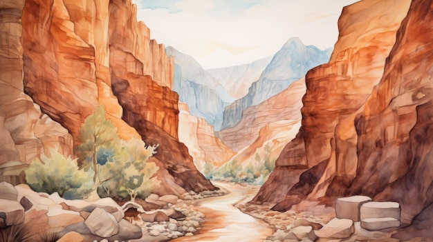 Canyon River Watercolor Painting Detailed Illustration With Warm Americana Palette