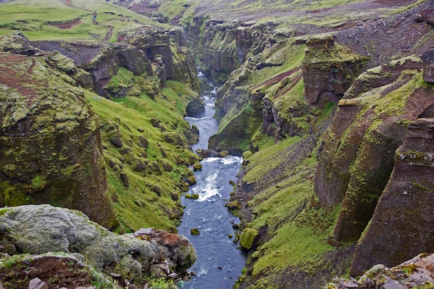 アイスランドの川に緑の苔のある峡谷