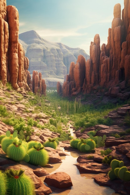 Canyon with many cactus plants Generative AI