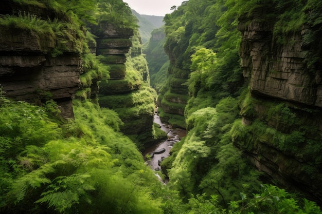 Canyon with rippling stream and waterfalls surrounded by lush greenery created with generative ai