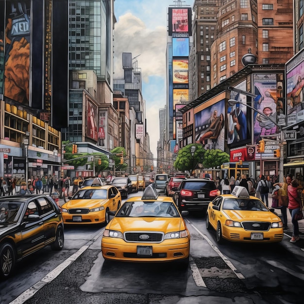 Photo caos artistico en las calles de manhattan el colorido caleidoscopio de actores peatones y taxis