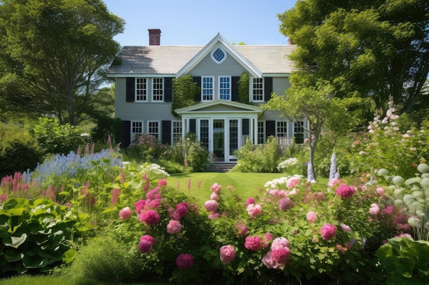 Cape cod house surrounded by lush green garden with blooming flowers