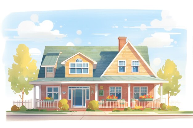 Cape cod house with dormers front porch in view magazine style illustration