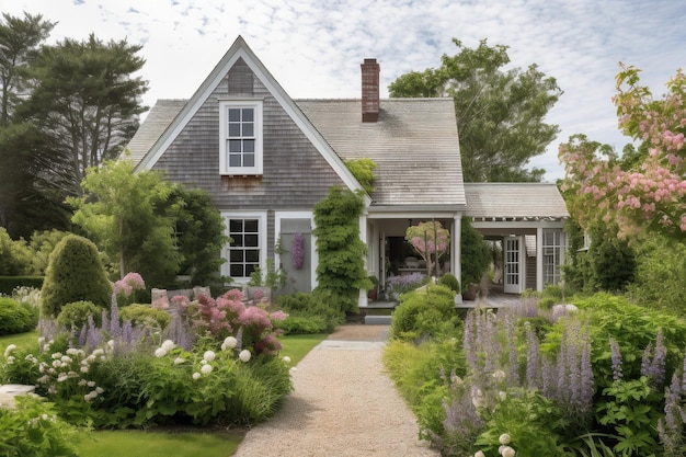Cape cod house with gabled roof and window boxes on exterior