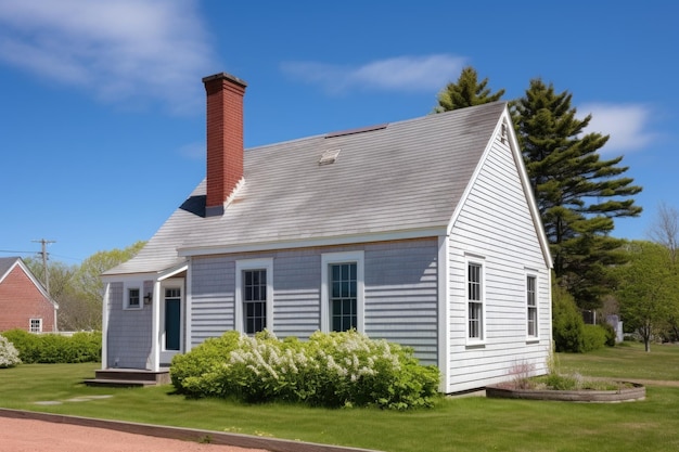 Cape cod house with a side gable roof and chimney on a clear day