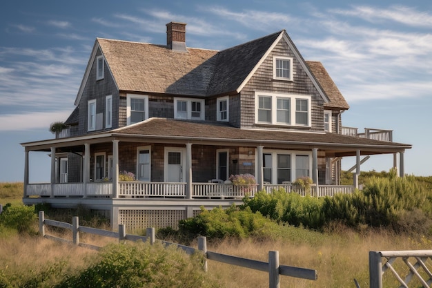 Cape cod house with wraparound porch overlooking the beach