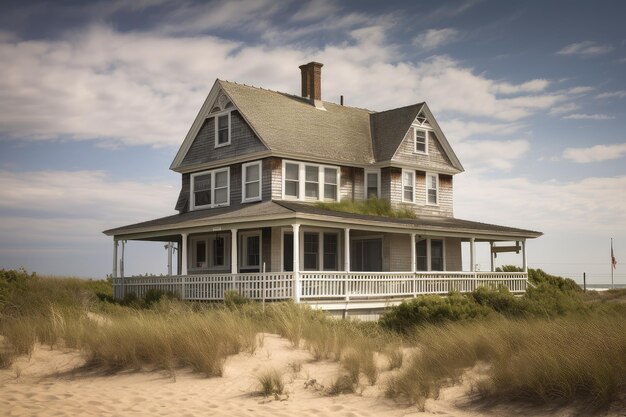 Cape cod house with wraparound porch overlooking the beach