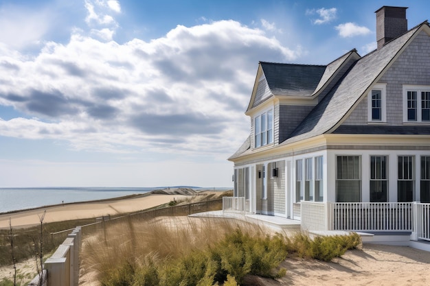 Cape Cod huis exterieur met uitzicht op de oceaan en het strand in de verte