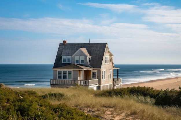 Cape Cod huis exterieur met uitzicht op de oceaan en het strand in de verte