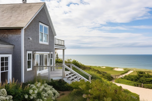 Foto cape cod huis exterieur met uitzicht op de oceaan en het strand in de verte