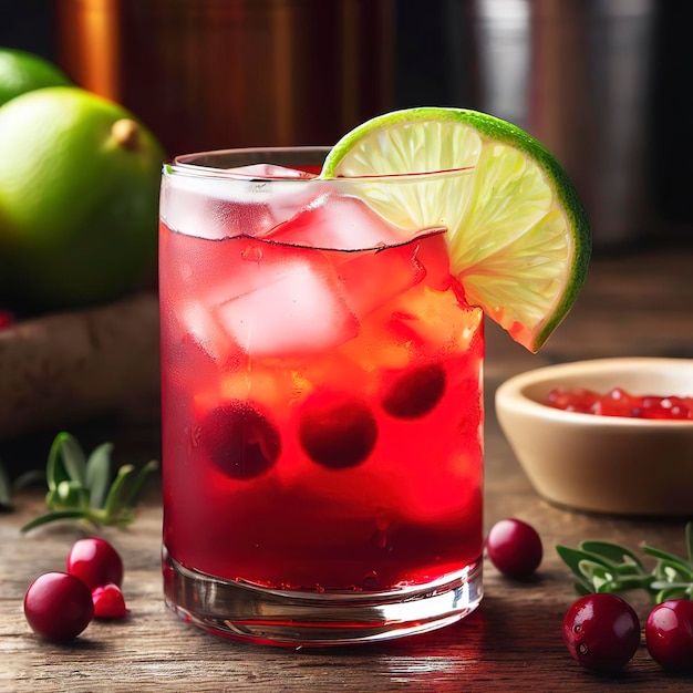 Cape Codder cocktail met wodka cranberry sap en limoen op houten tafel