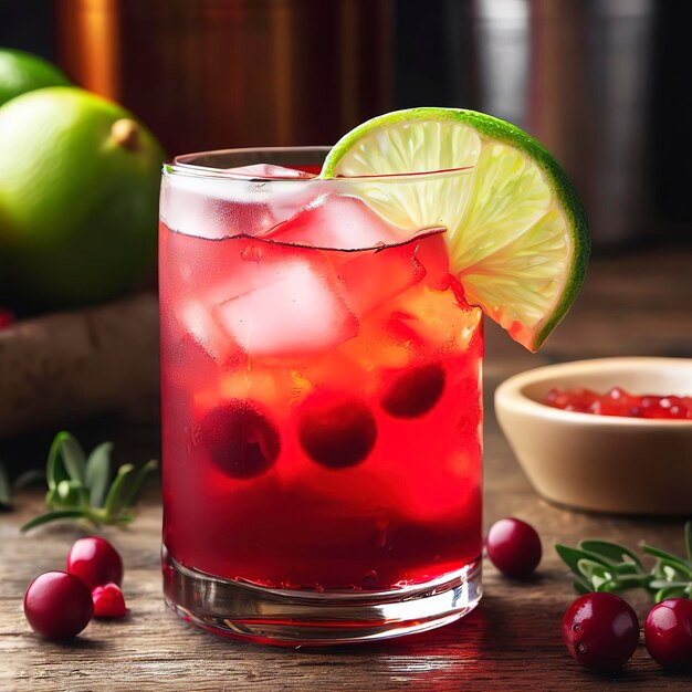 Cape Codder cocktail with vodka cranberry juice and lime on wooden table