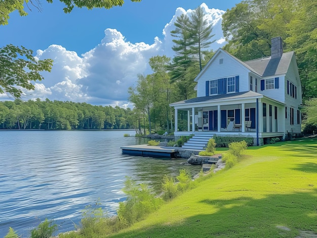 Photo a cape codstyle house nestled on the shores of a tranquil lake