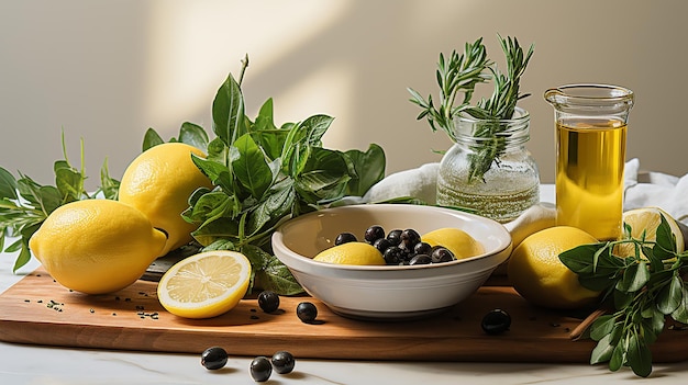 Capers lemon wedges and olive oil on white marble countertop using professoinal food photography