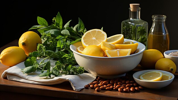 Capers lemon wedges and olive oil on white marble countertop using professoinal food photography