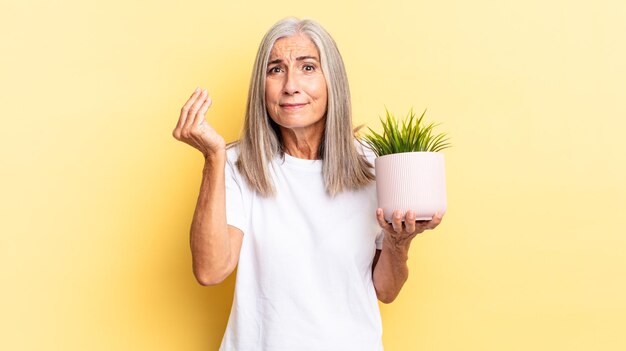 Capice of geld gebaar maken, u vertellen om uw schulden te betalen! een decoratieve plant vasthouden