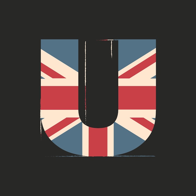 Capital 3d letter U with UK flag texture isolated on black background Vector illustration Element for design Kids alphabet Great Britain patriotic font