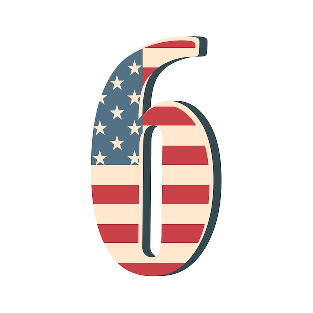 Capital 3d number six with american flag texture isolated on white background Vector illustration Element for design Kids alphabet USA flag patriotic font