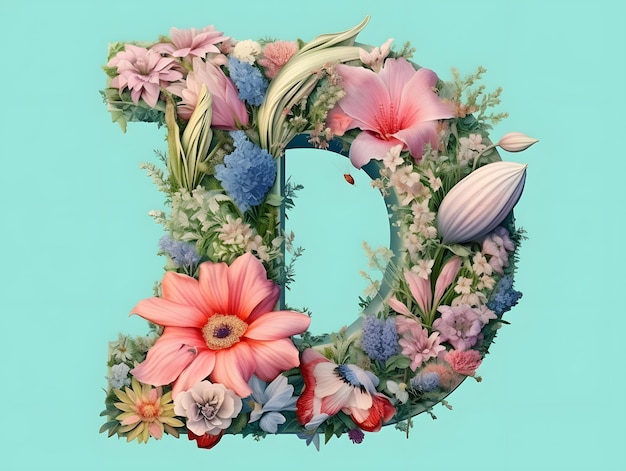 Capital letter D made out of lush flower in art nouveau style wedding design