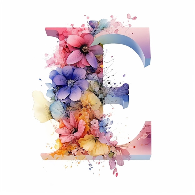 Capital letter E of 3d render generic logo watercolor floral alcohol ink