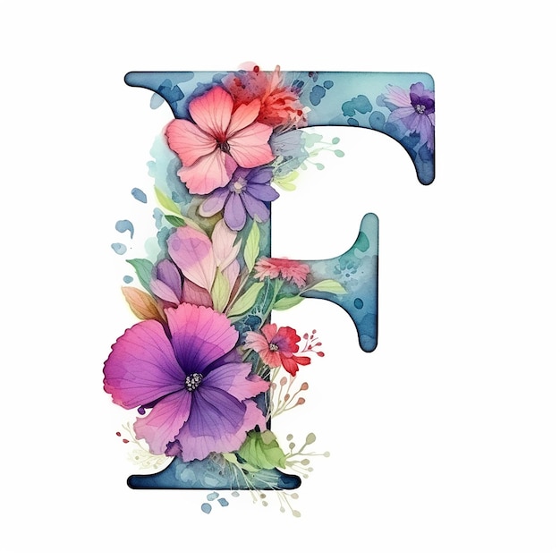 Capital letter F of 3d render generic logo watercolor floral alcohol ink