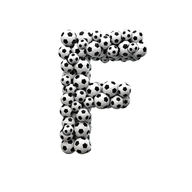 Capital letter F font made from a collection of soccer balls 3D Rendering