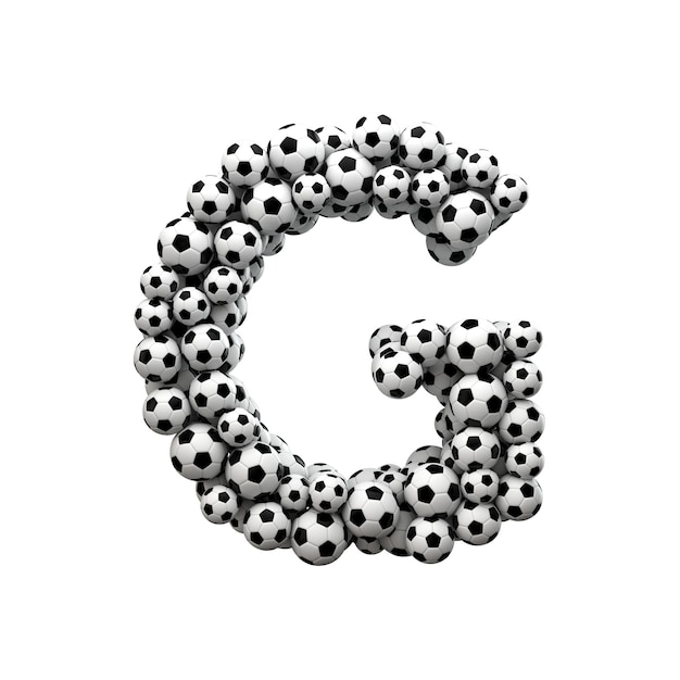 Capital letter G font made from a collection of soccer balls 3D Rendering