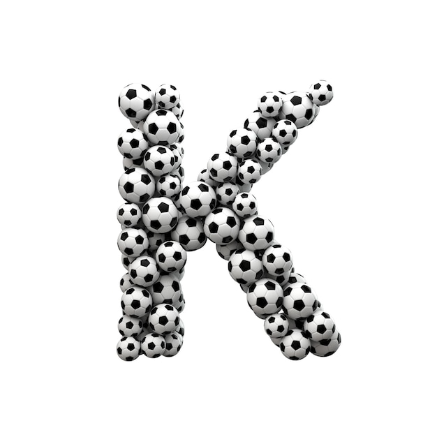 Capital letter K font made from a collection of soccer balls 3D Rendering