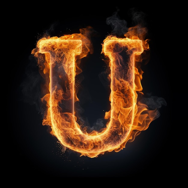 Capital letter U consisting of a flame Burning letter U Letter of fire flames alphabet on black background