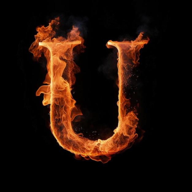 Capital letter U consisting of a flame Burning letter U Letter of fire flames alphabet on black background
