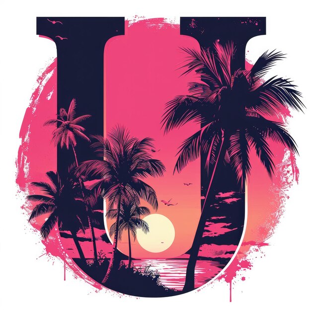 Photo capital letter u with coconut trees palm trees and beach