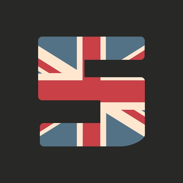黒の背景に分離された英国の旗のテクスチャと大文字の5ベクトルイラストデザインの要素子供のアルファベットイギリスの愛国心が強いフォント
