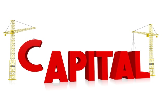 Capital red word and cranes on white background