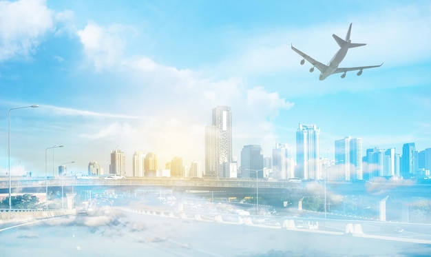 Capital urban building on expressway in bangkok with plane and blue sky