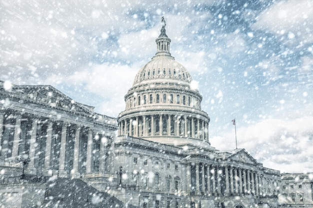 Capitol building in Washington DC during snow storm