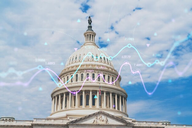 Esterno dell'edificio della cupola del campidoglio washington dc usa sede del congresso capitol hill sistema politico americano grafico forex ologramma il concetto di intermediazione commerciale su internet e analisi fondamentale