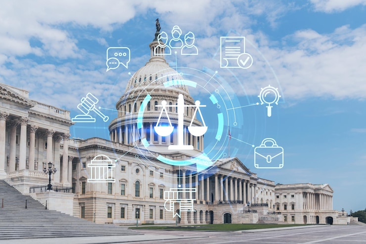 Photo 国会議事堂のドームの建物の外観 ワシントン dc 米国議会の家 国会議事堂の丘 アメリカの政治制度 輝くホログラムの法的アイコン 法秩序規制とデジタル正義の概念