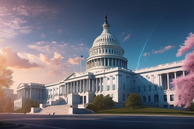 Capitol Dome Symbol of American Politics and Blockchain Innovation Holographic Concept