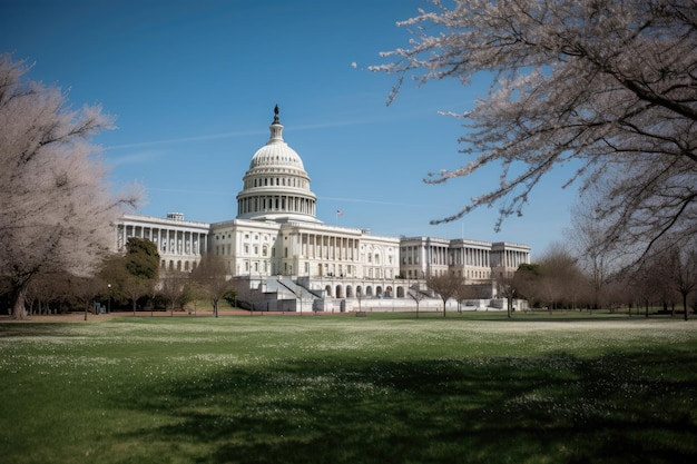 Capitol Hill in Washington DC Majestueus imposant en omgeven door weelderige groene gazons generatieve IA